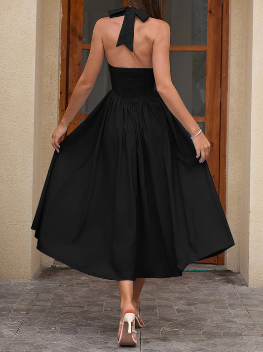 black halterneck strap backless midi dress