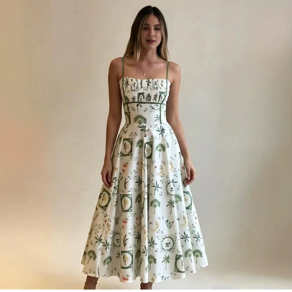 printed camisole waist-cinched midi dress