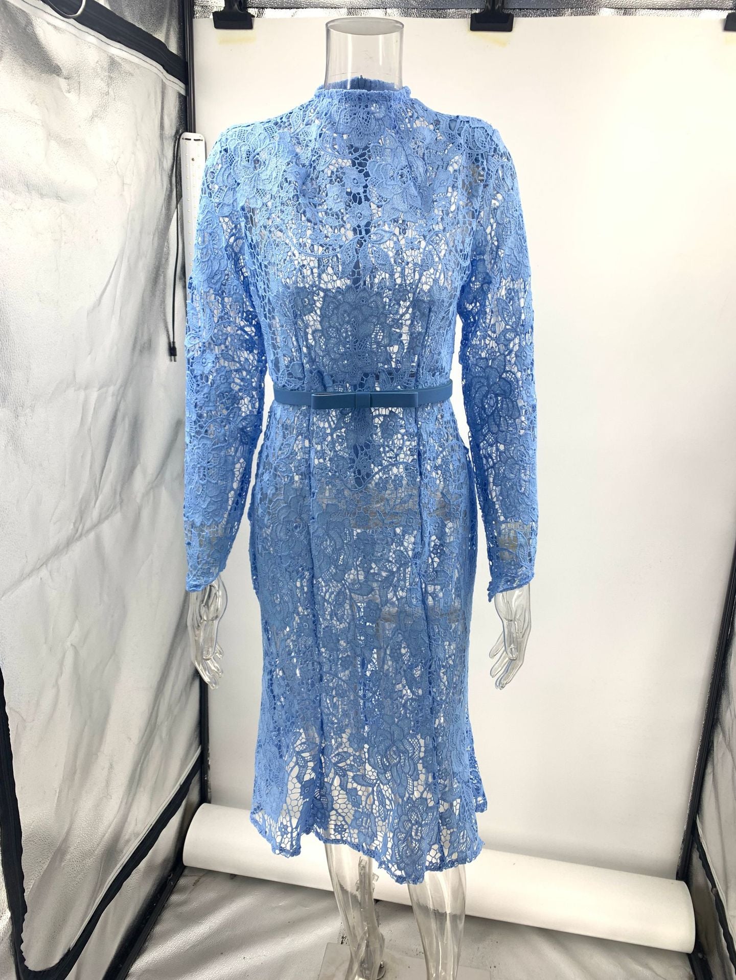 blue Lace Cut-Through Lace Cut-Out Belt Long Sleeve Mermaid Dress