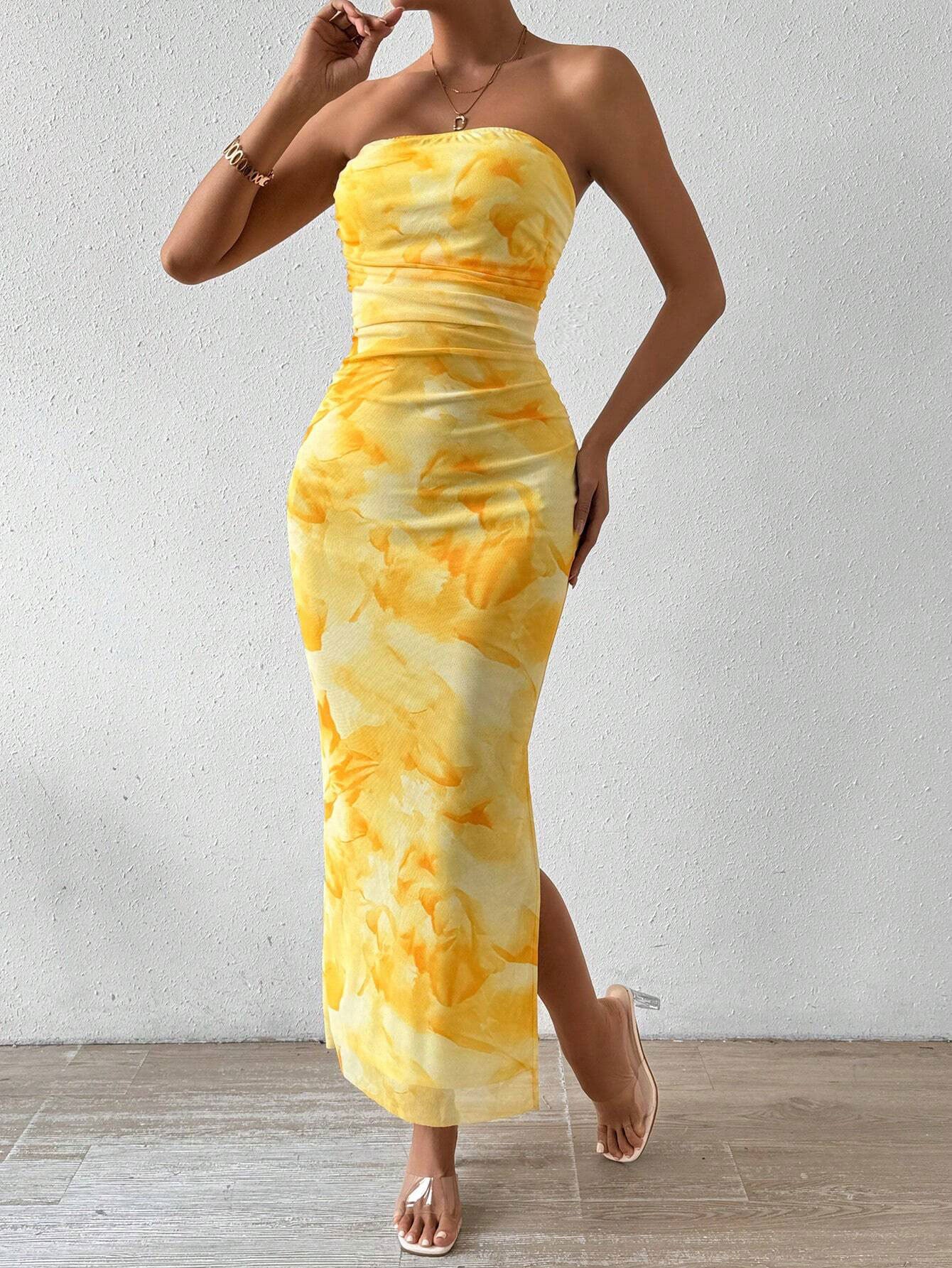 yellow Mesh Print High-Waisted Slit Strapless Bodycon maxi dress