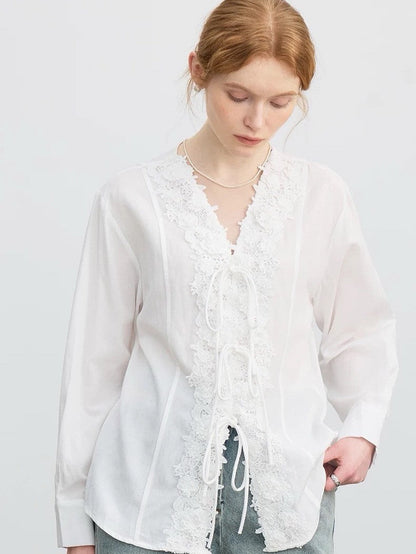French V-neck tie-up lace embroidered jacquard shirt