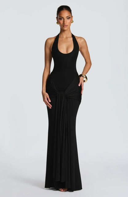 black streamer splicing suspender halterneck dress