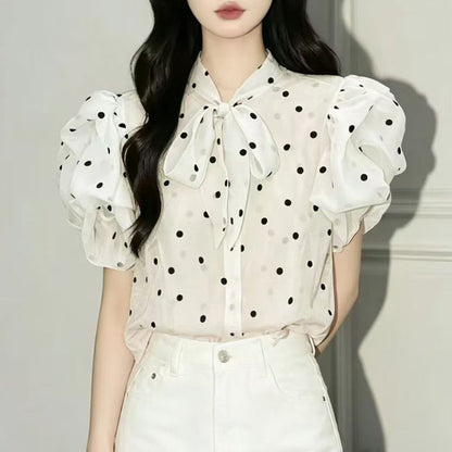 3D bow-tie puff sleeve polka dot sheer shirt
