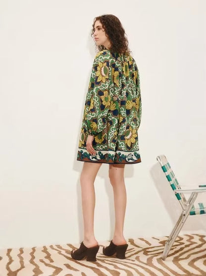 Bohemian V-neck floral print vacation mini dress  - green