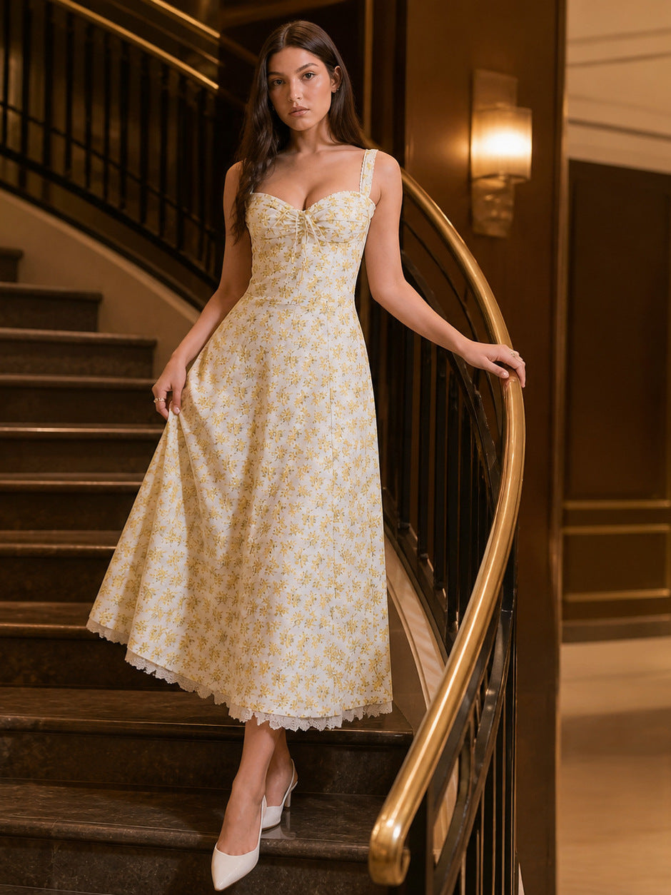 yellow floral lace suspender maxi dress