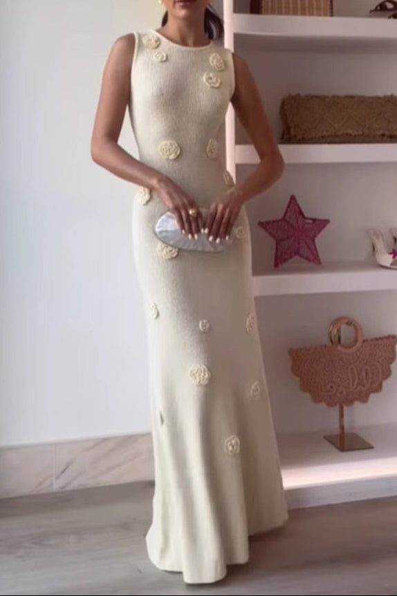 yellow three-dimensional flower knitted maxi dress