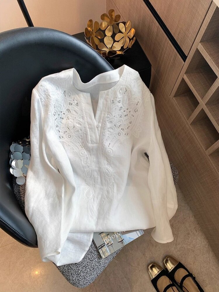 white linen long-sleeve hollow-out embroidered V-neck top