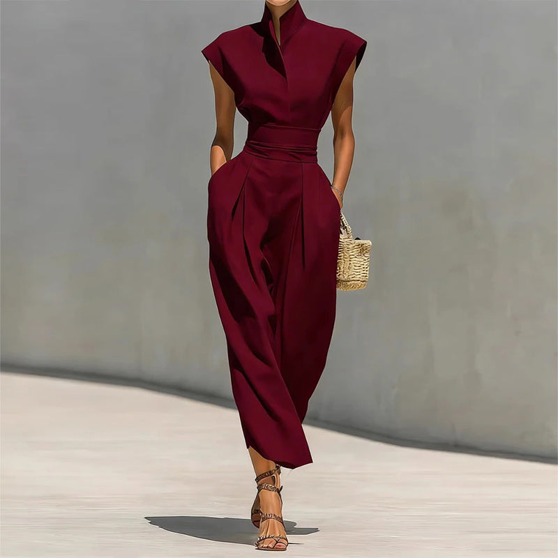 red sleeveless waist maxi dress