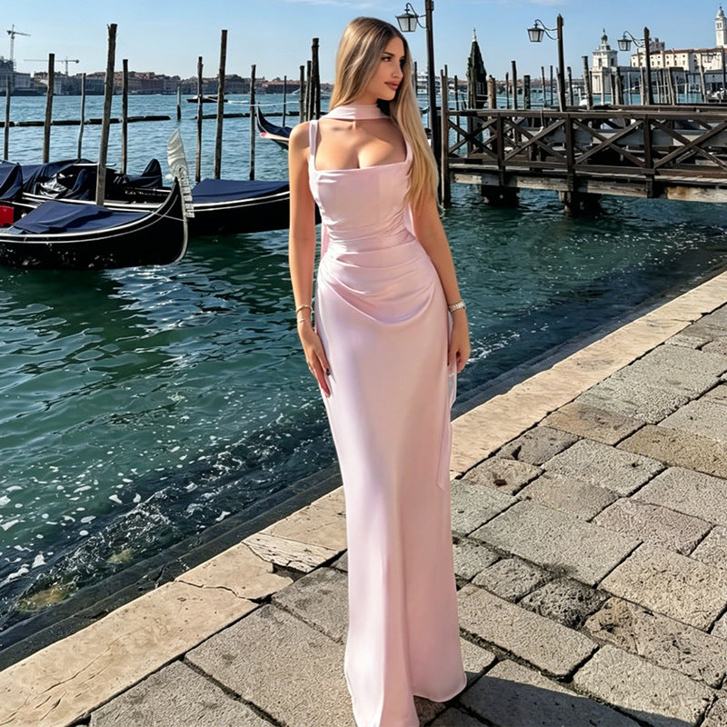 pink satin herring bone slip dress