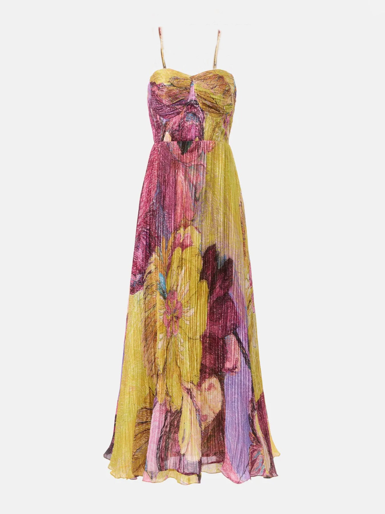 Floral print pleated strapless slip maxi dress