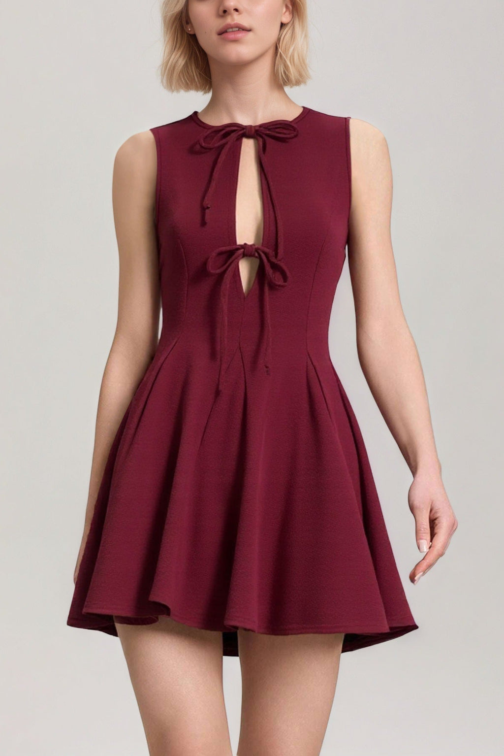red Patchwork sleeveless fitted waist bow dress