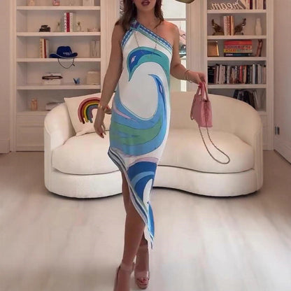 Printed Satin One-Shoulder Irregular Dress