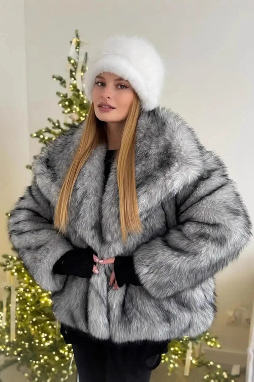 artificial leather fox fur jacket in Gray