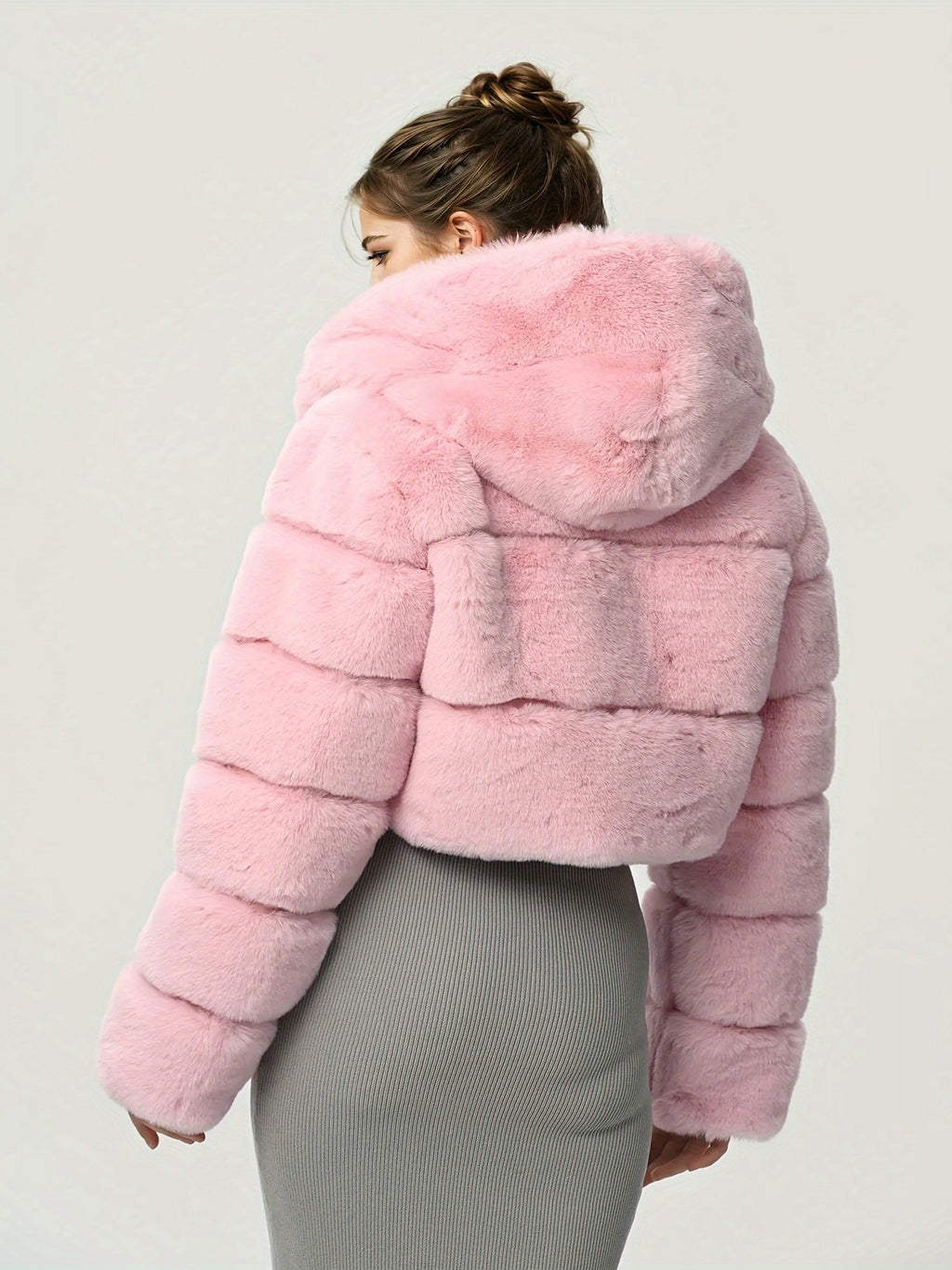 hooded imitation rabbit fur long sleeve spliced jacket