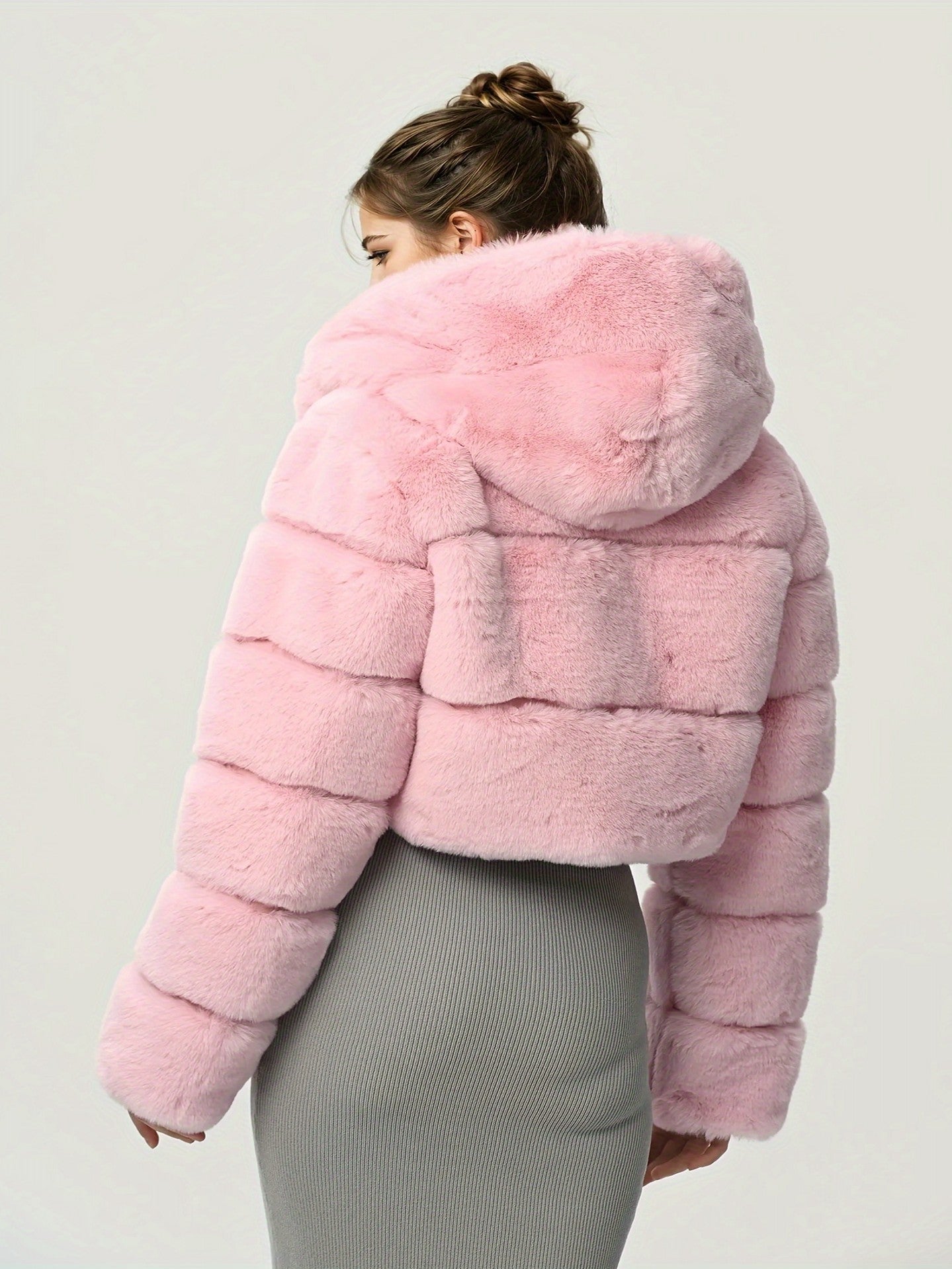 hooded imitation rabbit fur long sleeve spliced jacket