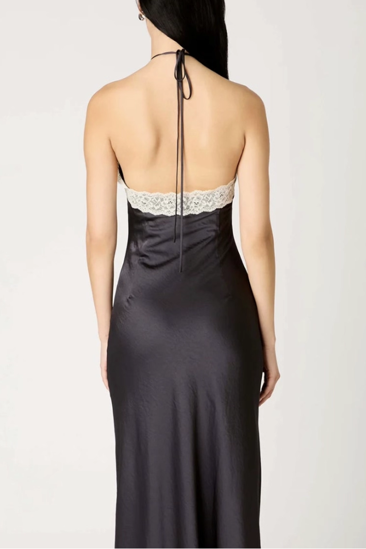 black halterneck lace patchwork satin waist open back maxi dress