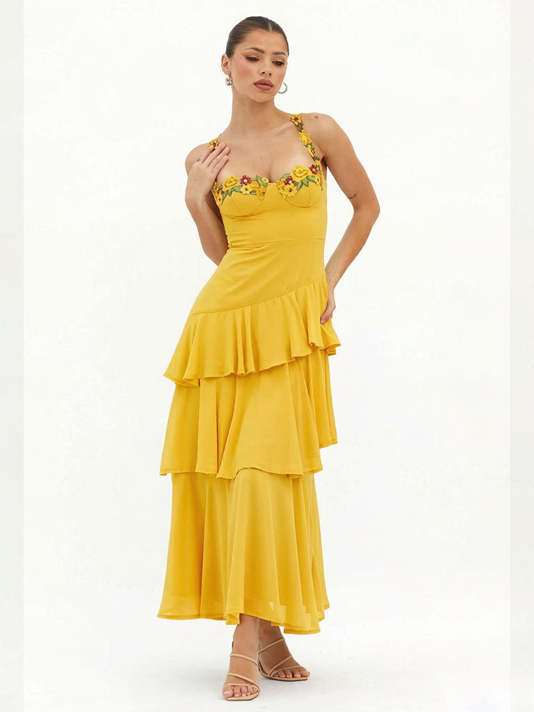 yellow Cascading Ruffle Floral Decorative Dress