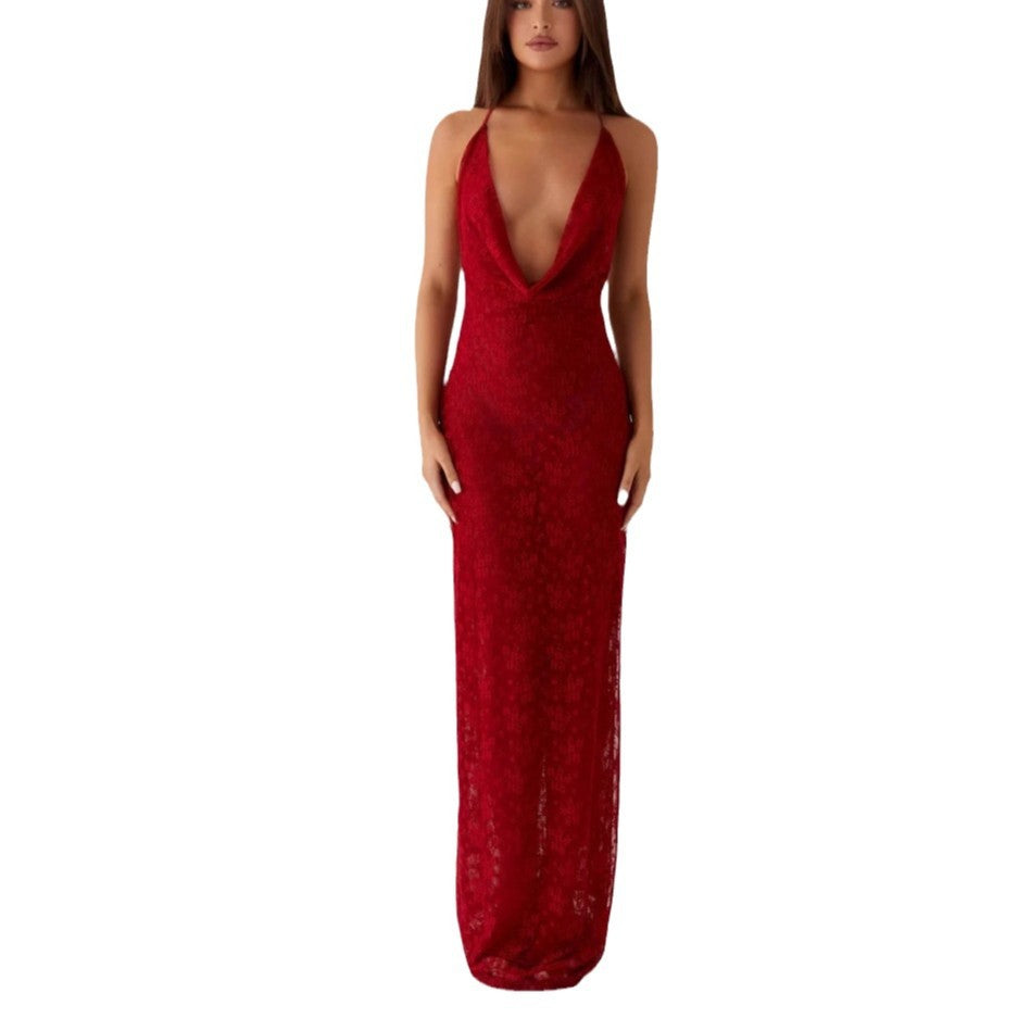 Lace-up long dress with open back and spaghetti straps - red