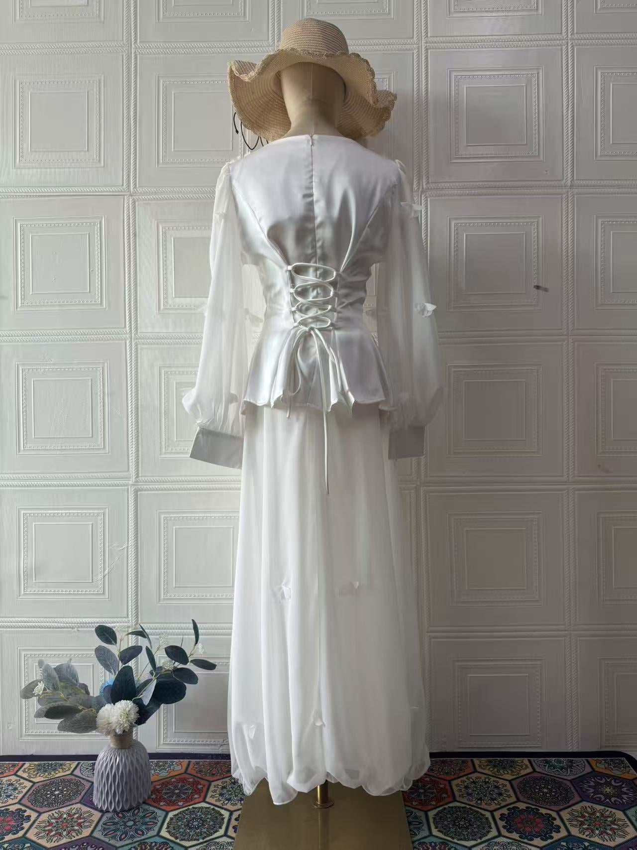 white long-sleeved maxi dress