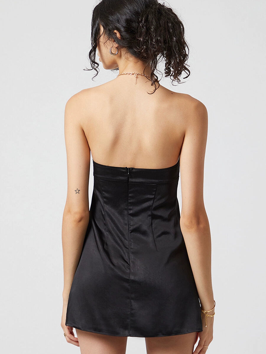 black satin three-dimensional mini dress