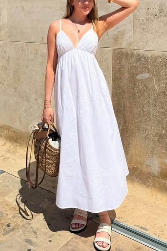 white suspender deep V high-waisted loose dress