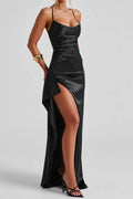 black suspender wrap maxi dress