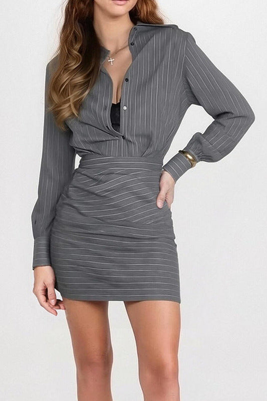 grey Striped Shirt Hip Skirt Set
