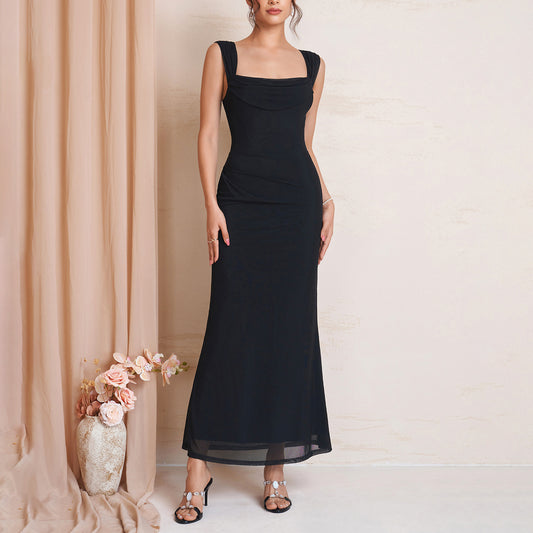 black spaghetti strap off-shoulder maxi dress
