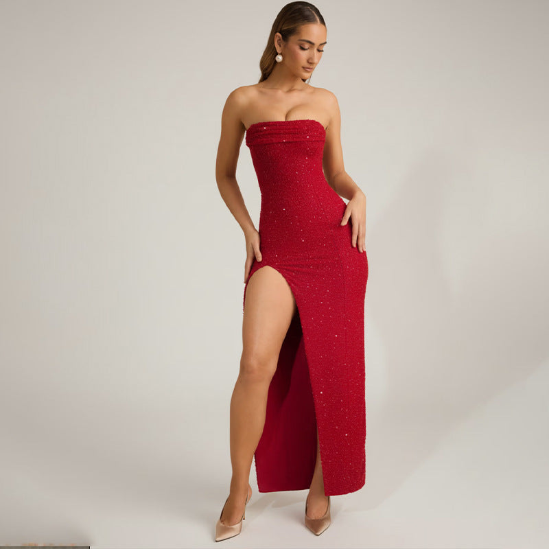 cecilia Red strapless slit dress