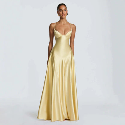 yellow Spaghetti Deep V Large Swing maxi Dress