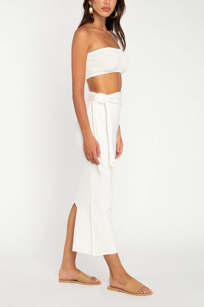 white cut-out backless bandeau lace-up knitted dress