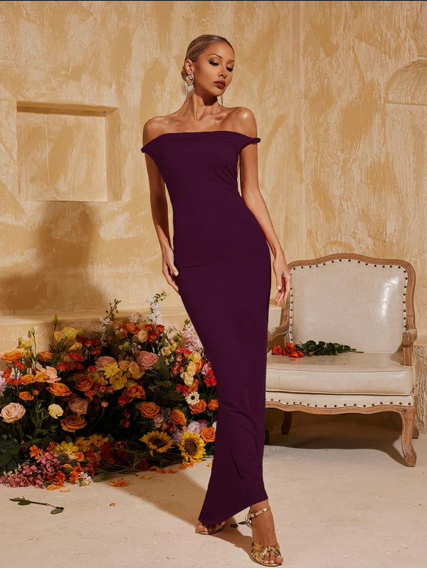 purple Off-the-Shoulder Backless maxi Dress