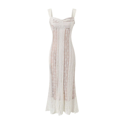 Spaghetti strap lace off-shoulder maxi dress