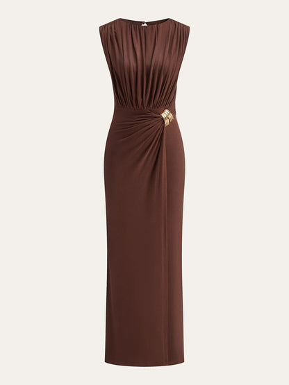 brown round neck sleeveless twisted maxi dress