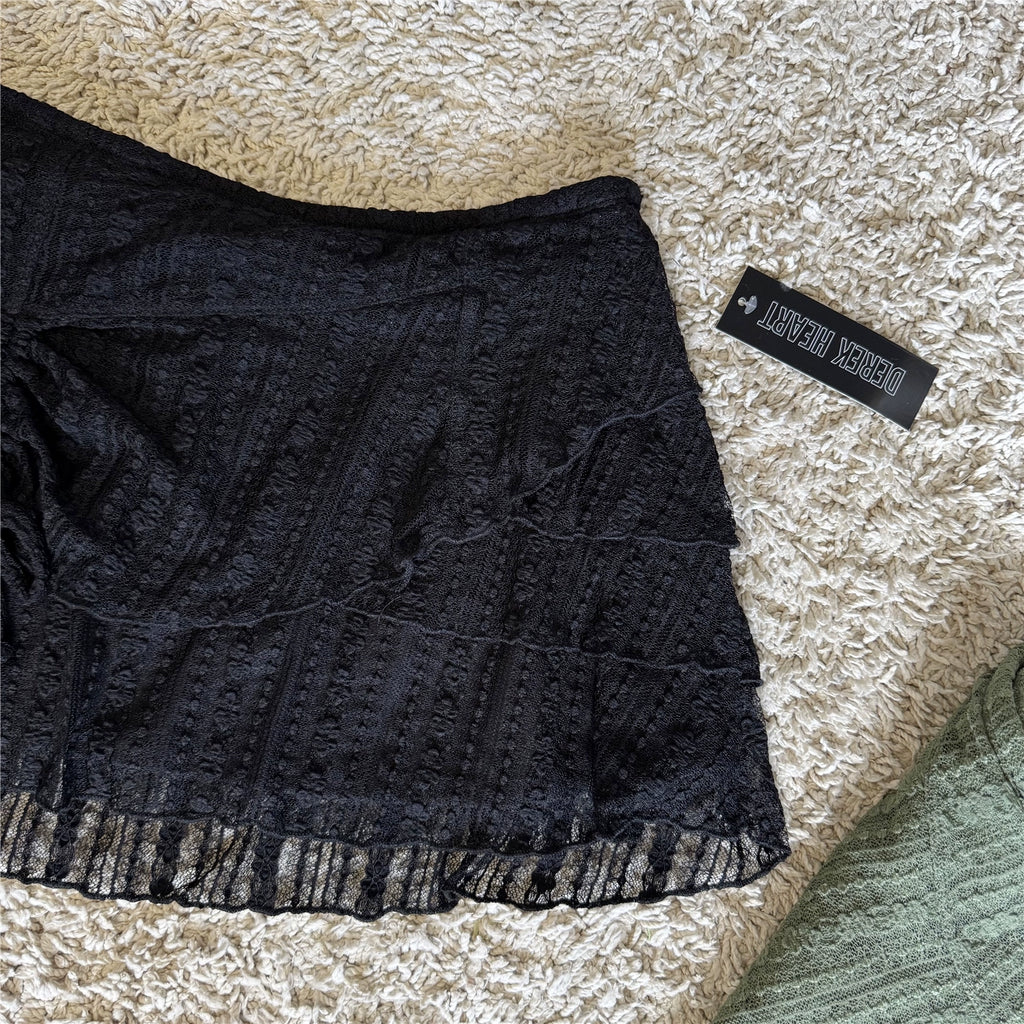 black lace-up mini cropped skirt