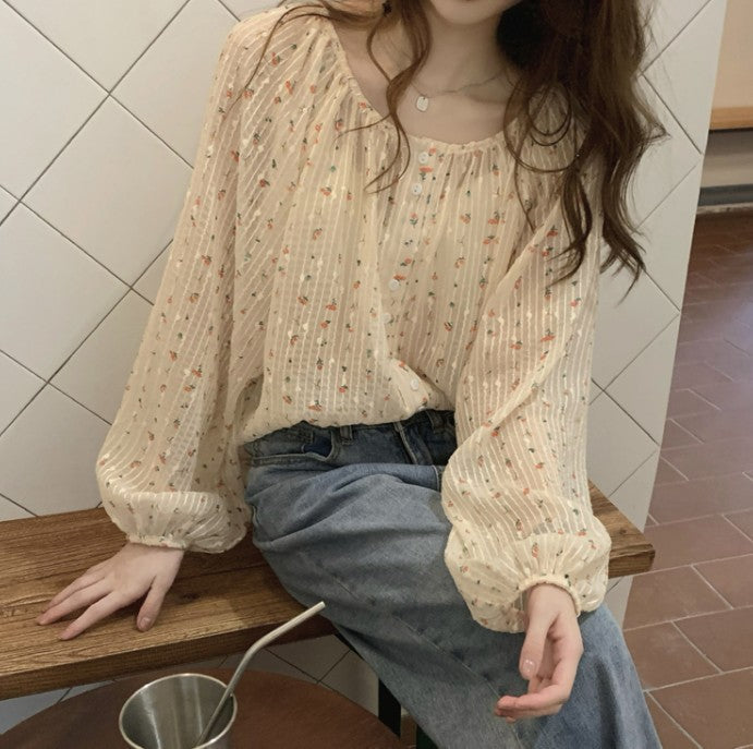 Thin chiffon floral long-sleeved shirt