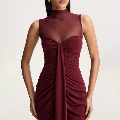 red wine mesh high neck sleeveless splicing pleated dress