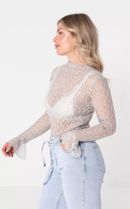 lace long-sleeved base shirt see-through inner cut-out top