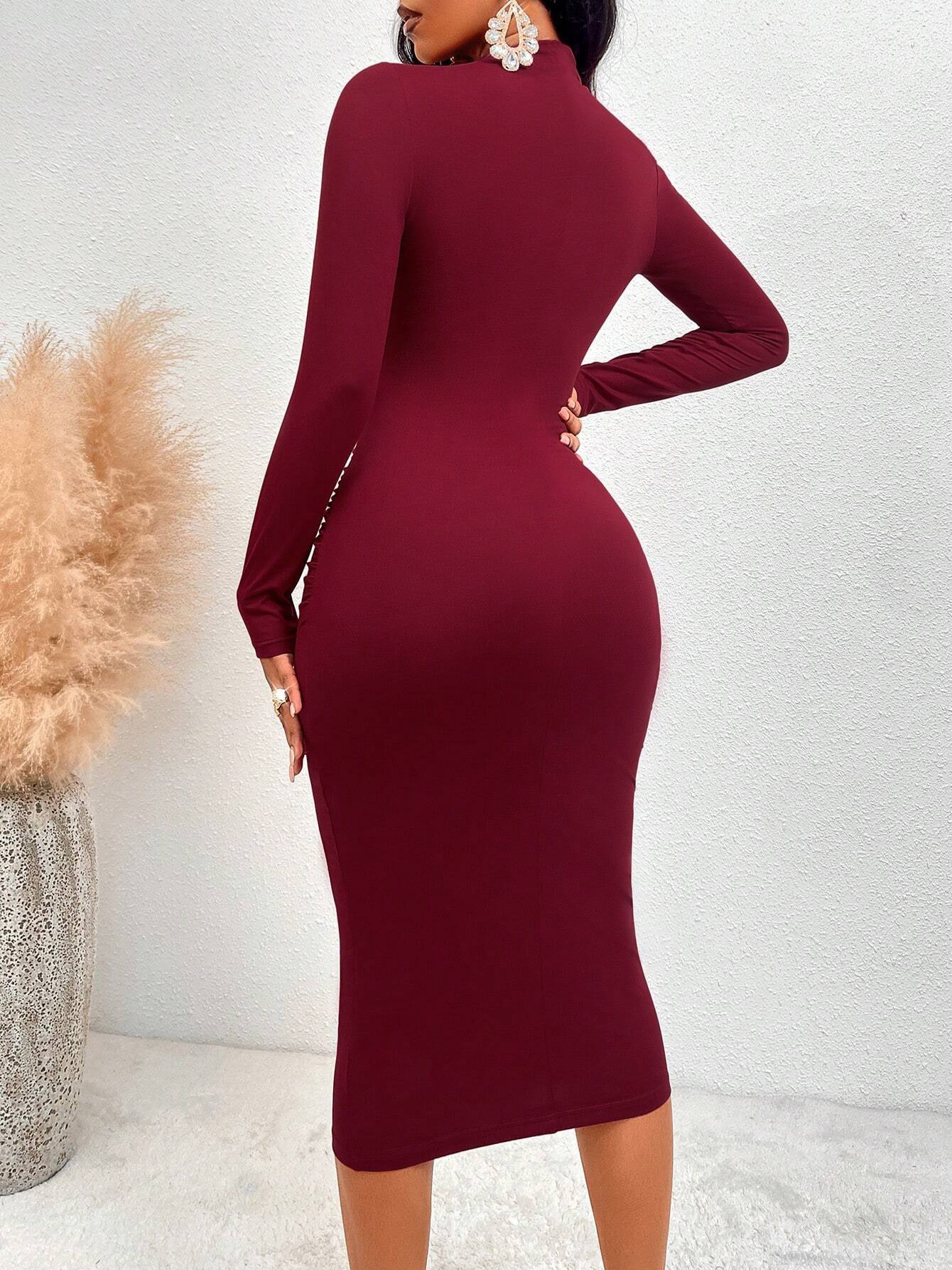 norma red Hollow-out long-sleeved bodycon dress