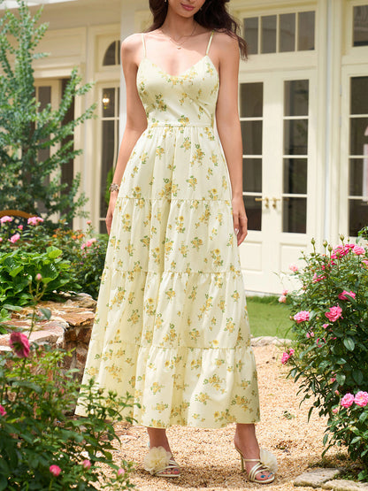 yellow V-neck floral print backless camisole dress