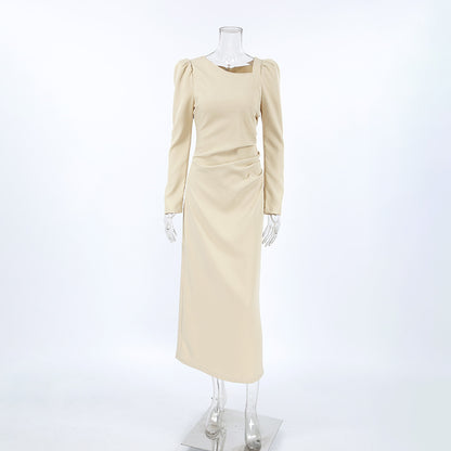Irregular neckline puff sleeve bodycon slit dress