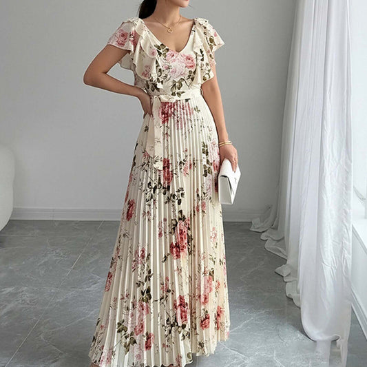 floral print ruffle sleeve V-neck pressed pleated long dress