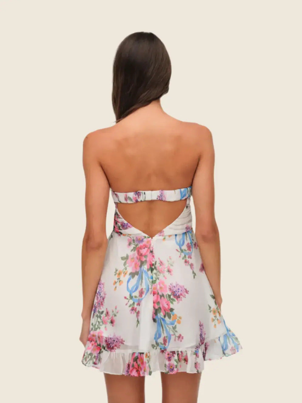 Floral print strapless chiffon ruffled mini dress