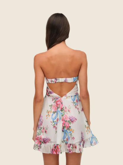 Floral print strapless chiffon ruffled mini dress