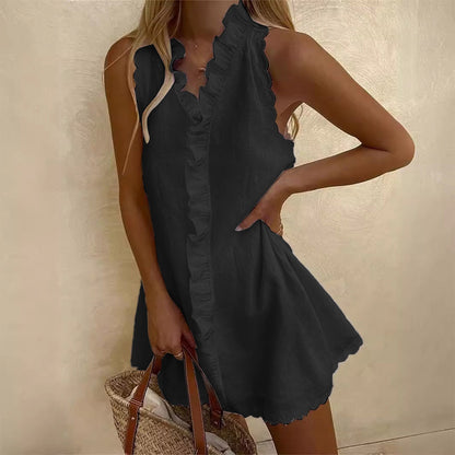 cotton linen embroidered ruffle mini dress