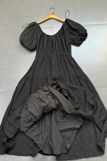 black U-neck bubble short sleeve elastic waist A-line dress