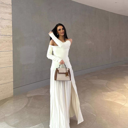 white Off-Shoulder Long-Sleeve Slit Pleated Dress