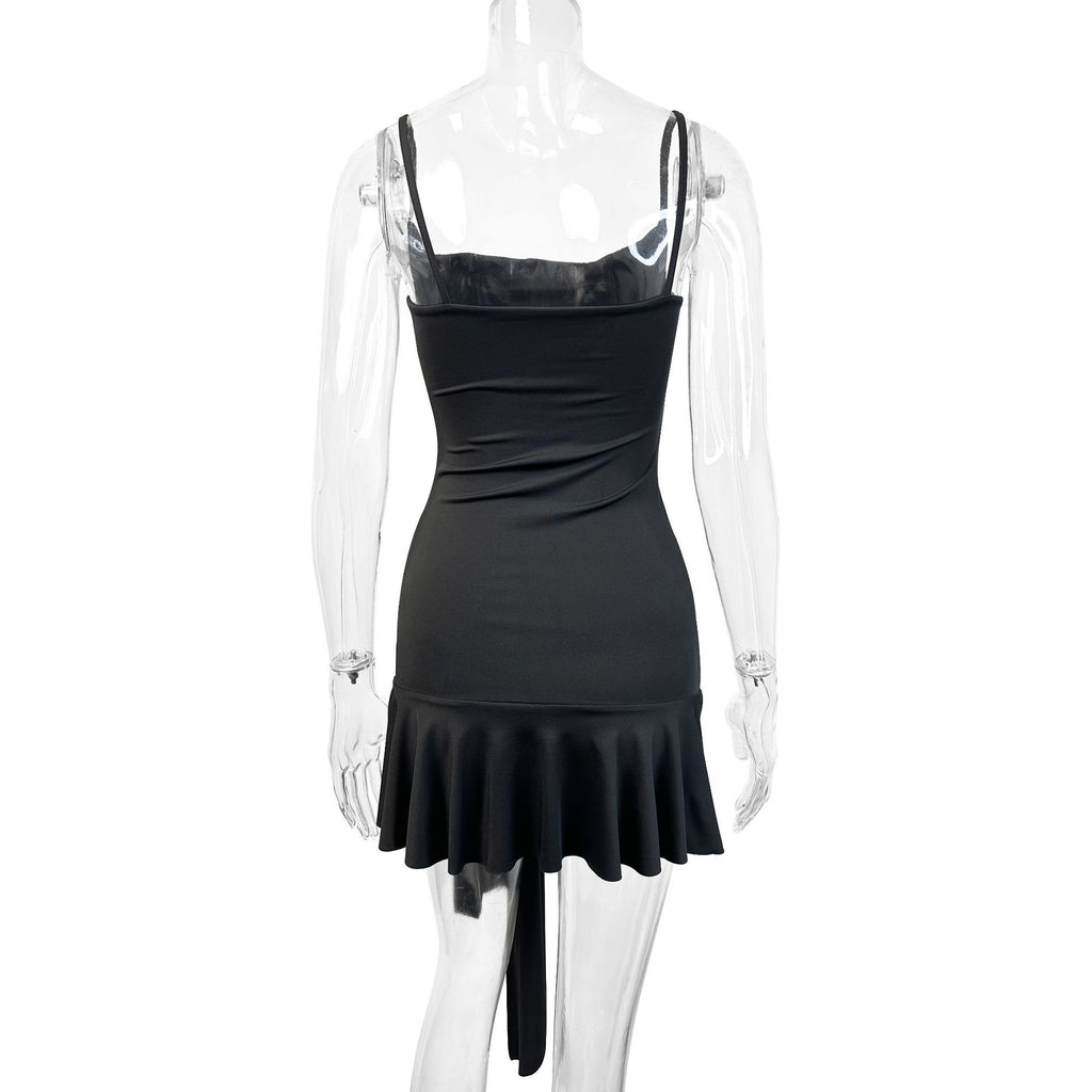 black Spaghetti strap tie mini dress
