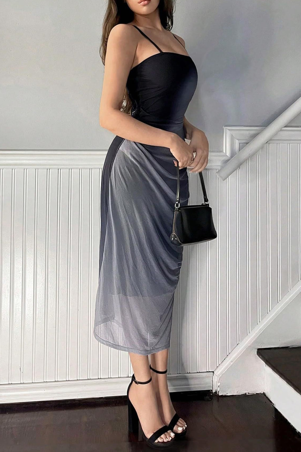 grey Mesh Suspender Backless Dress