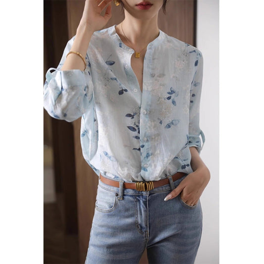 Three-quarter sleeve printed cotton shirt